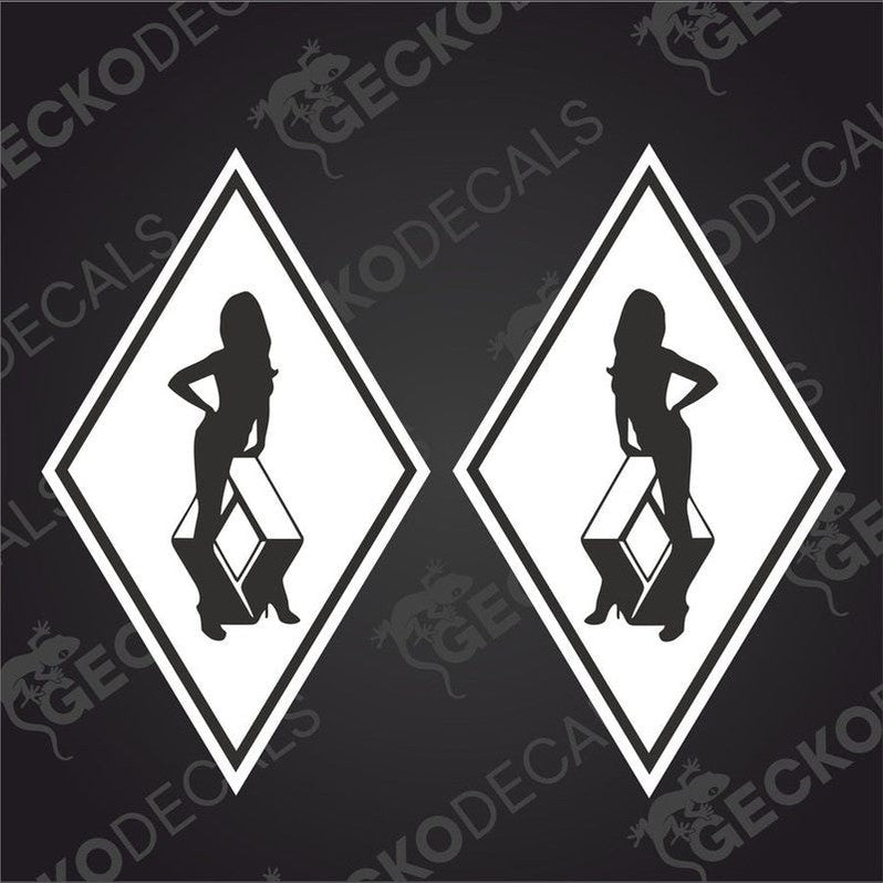 Two white diamond-shaped vehicle decals featuring a stylized female figure on each, with the text 'RENAULT GIRL' above the figure.