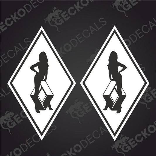 Two white diamond-shaped vehicle decals featuring a stylized female figure on each, with the text 'RENAULT GIRL' above the figure.