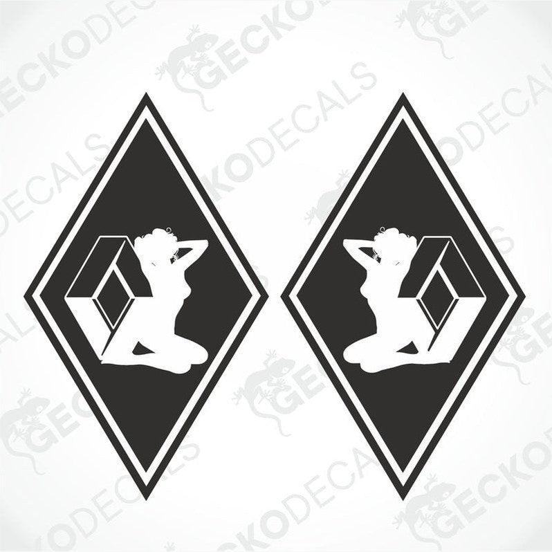 Two white diamond-shaped vehicle decals featuring a stylized female figure on each, with the text 'RENAULT GIRL' above the figure.