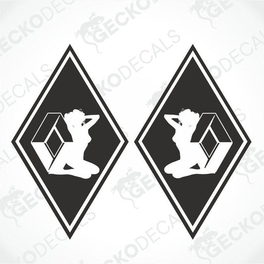 Two white diamond-shaped vehicle decals featuring a stylized female figure on each, with the text 'RENAULT GIRL' above the figure.