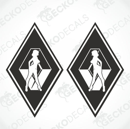 Two white diamond-shaped vehicle decals featuring a stylized female figure on each, with the text 'RENAULT GIRL' above the figure.