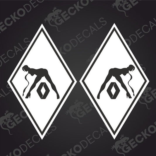 Two white diamond-shaped vehicle decals with a silhouette of a person and a Renault logo inside them, on a black background.