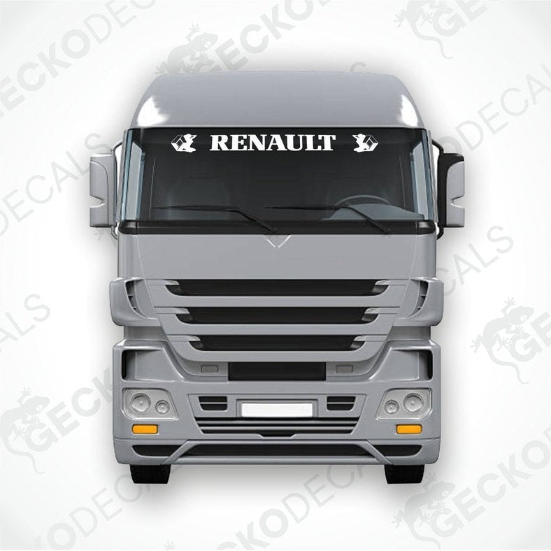 A die cut decal with the Renault logo applied on the windscreen of a truck.