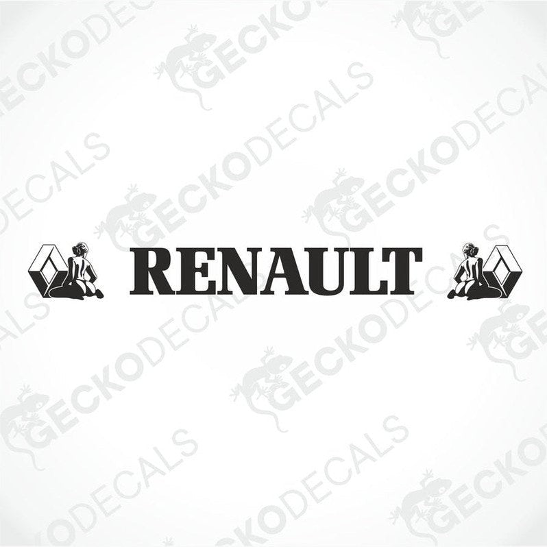 A Renault truck with die cut decals on the windscreen representing girls and the Renault brand.