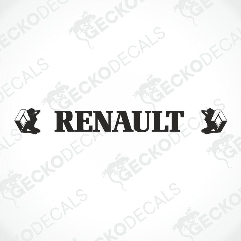 A die cut decal with the Renault logo applied on the windscreen of a truck.