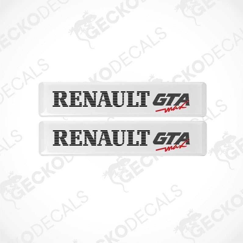 Two withe vinyl stickers with the RENAULT GTA MAX logo in black and red.