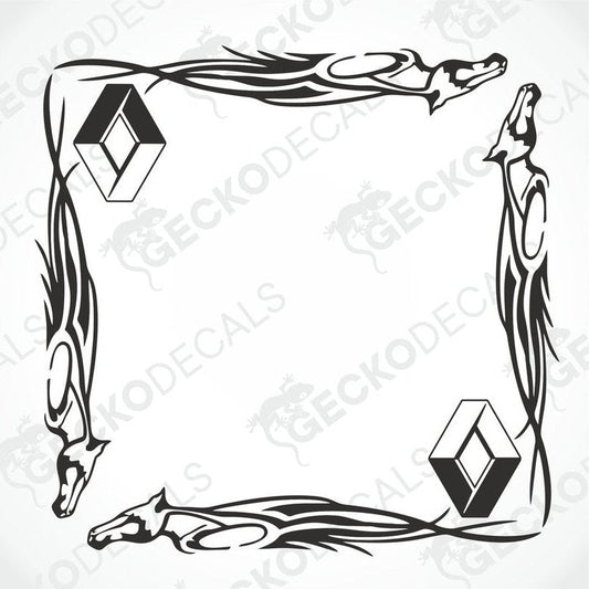 A set of two black tribal-themed horse decals designed for use on side windows of vehicles.