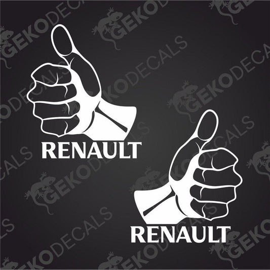 Two white decals of hand gestures giving a thumbs up with the brand name Renault written below each hand.