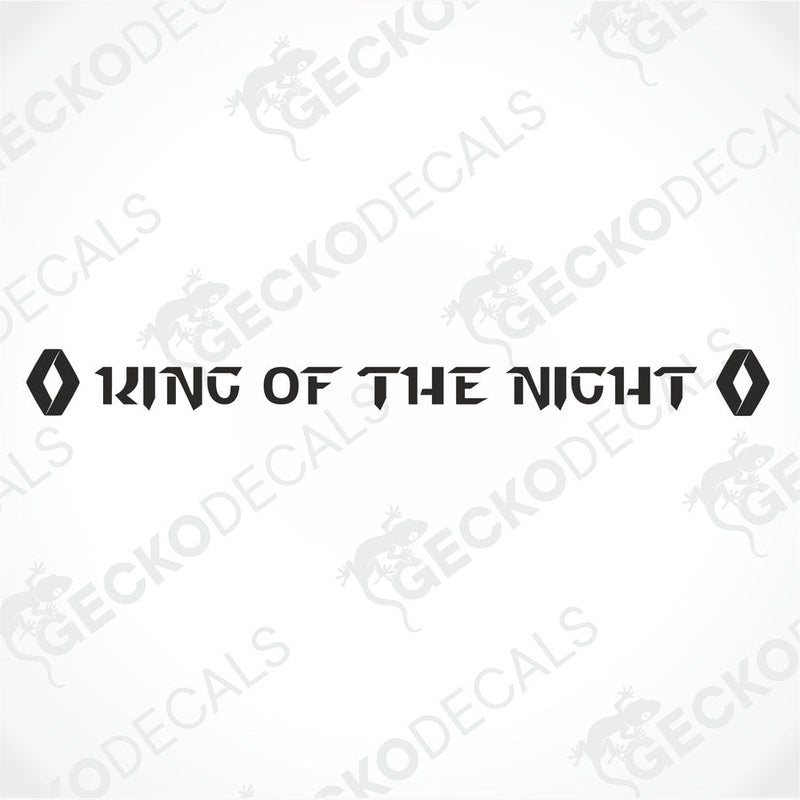 A die cut decal with the text 'KING OF THE NIGHT' displayed on the front of a truck windshield.