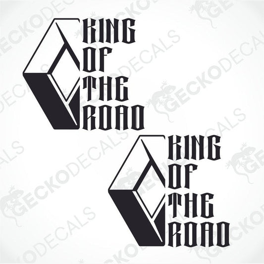 Two black decals with the text 'KING OF THE ROAD' and a small graphic icon on each, placed against a white background.