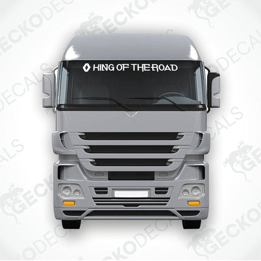 A die cut decal with the text 'HIND OF THE ROAD' displayed on the front of a Renault truck windshield.