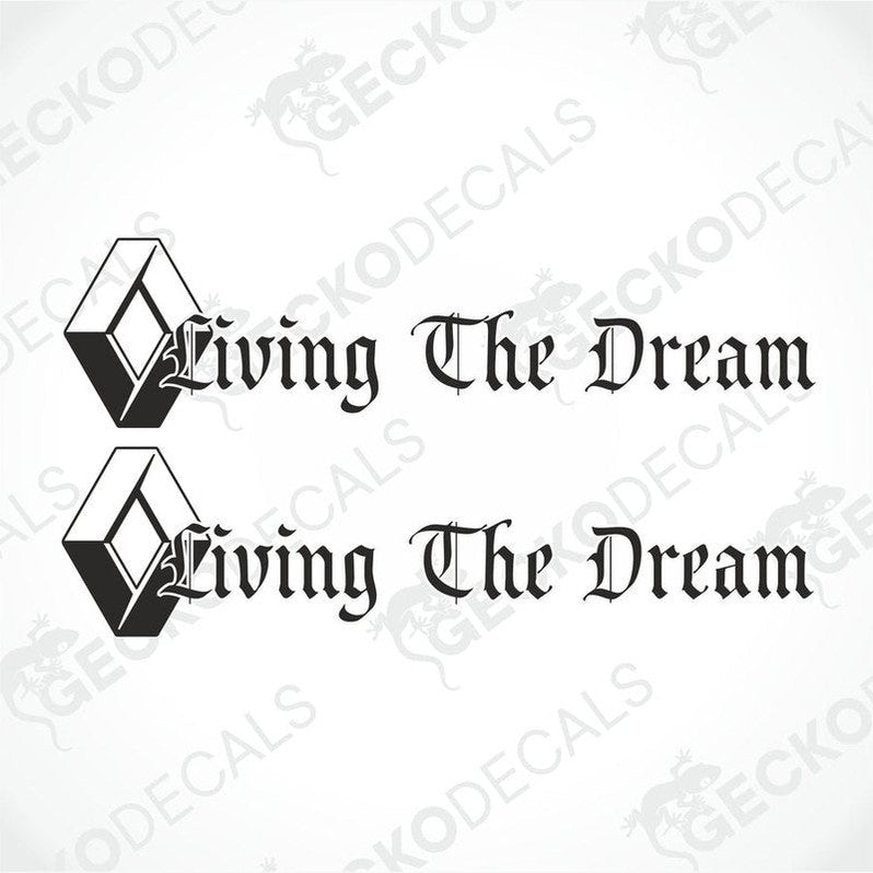 Two black decals with the phrase 'Living The Dream' on a white background.
