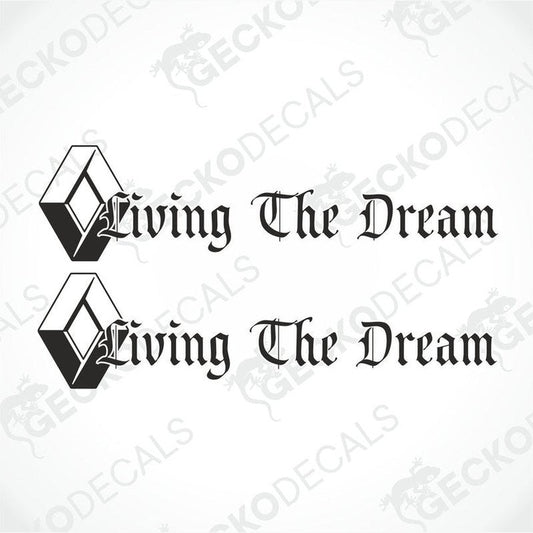 Two black decals with the phrase 'Living The Dream' on a white background.