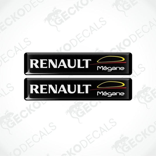 Two black vinyl stickers with the RENAULT brand and MEGANE model name, featuring red and yellow accents.