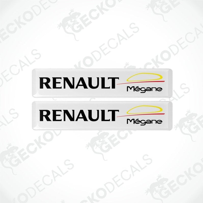 Two withe vinyl stickers with the RENAULT brand and MEGANE model name, featuring red and yellow accents.