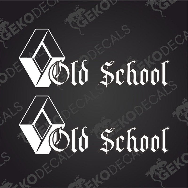 Two white stickers with the text 'OLD SCHOOL' and a small, white graphic of a truck on each sticker, placed against a black background with the Gecko Decals logo.