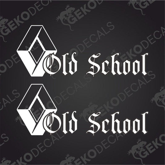 Two white stickers with the text 'OLD SCHOOL' and a small, white graphic of a truck on each sticker, placed against a black background with the Gecko Decals logo.