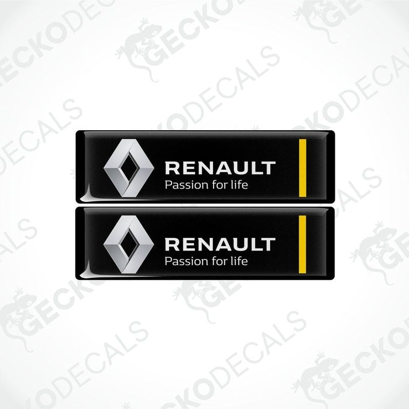 Two black rectangular car decals with the Renault logo and the phrase 'Passion for life' written in white.