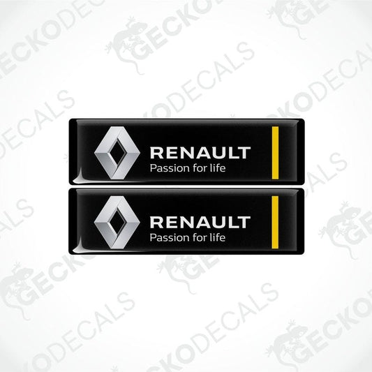 Two black rectangular car decals with the Renault logo and the phrase 'Passion for life' written in white.