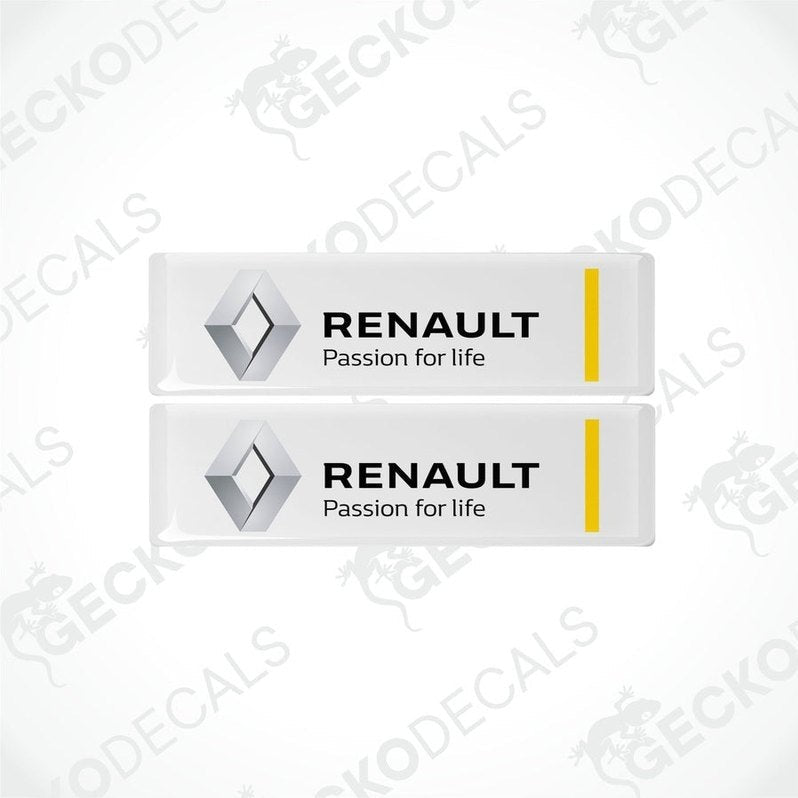 Two withe rectangular car decals with the Renault logo and the phrase 'Passion for life' written in black.