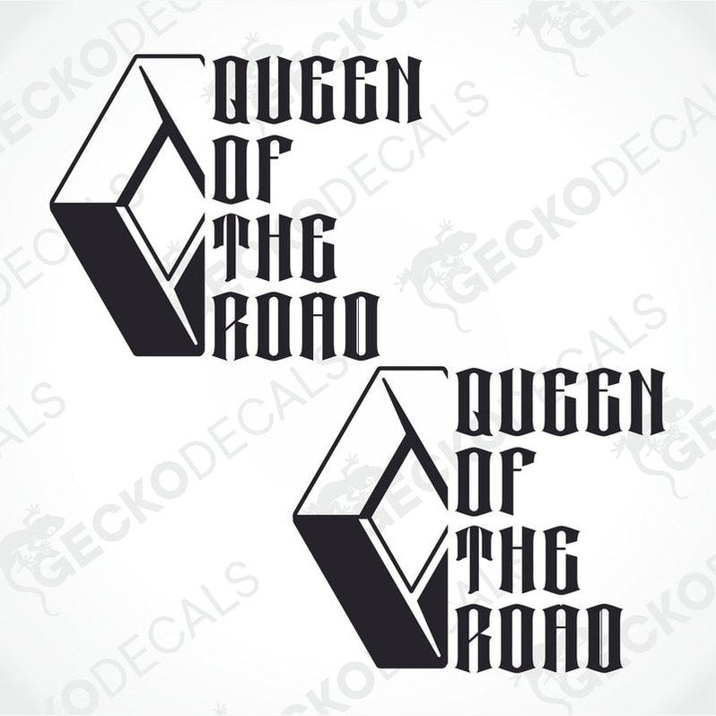 Two black decals with the text 'QUEEN OF THE ROAD' and 'RENAULT' in a stylized font, on a white background.