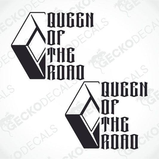 Two black decals with the text 'QUEEN OF THE ROAD' and 'RENAULT' in a stylized font, on a white background.