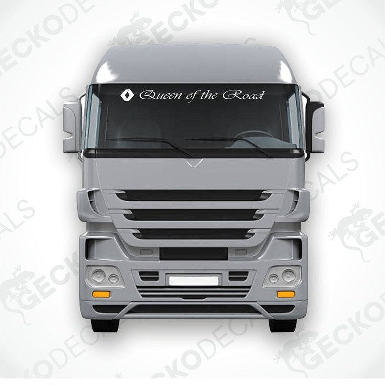 A die cut decal with the phrase 'Queen of the Road' positioned on the windshield of a gray RENAULT truck.