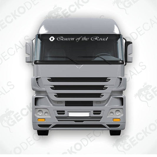 A die cut decal with the phrase 'Queen of the Road' positioned on the windshield of a gray RENAULT truck.