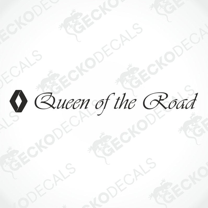 A die cut decal with the phrase 'Queen of the Road' positioned on the windshield of a gray RENAULT truck.