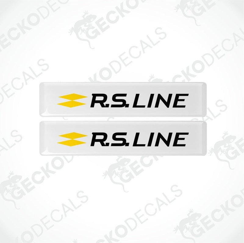 Two withe, yellow, and black racing decals with the text 'R.S.LINE' and checkered flag design.
