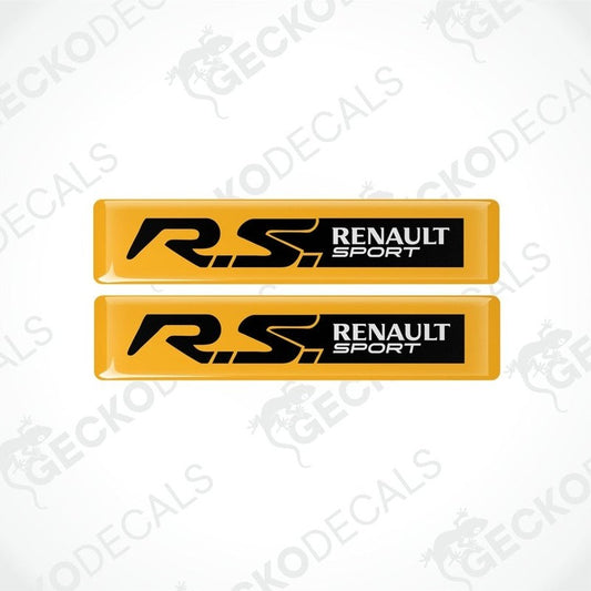 A pair of yellow vinyl stickers with the RENAULT RS SPORT logo printed in black.