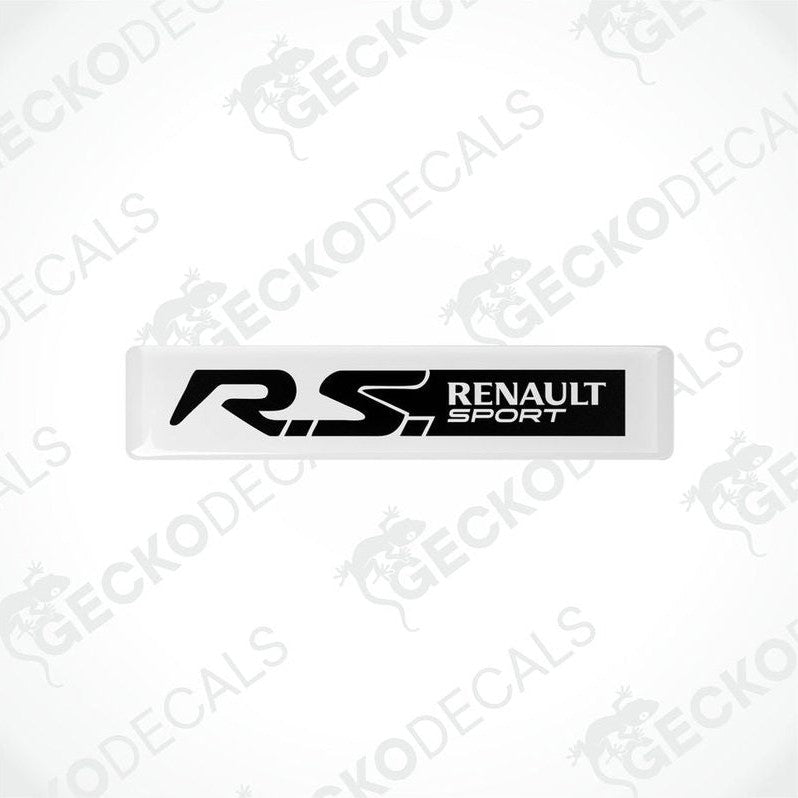 Withe and black vinyl decals with 'RS Renault Sport' text on them, placed on a white background.