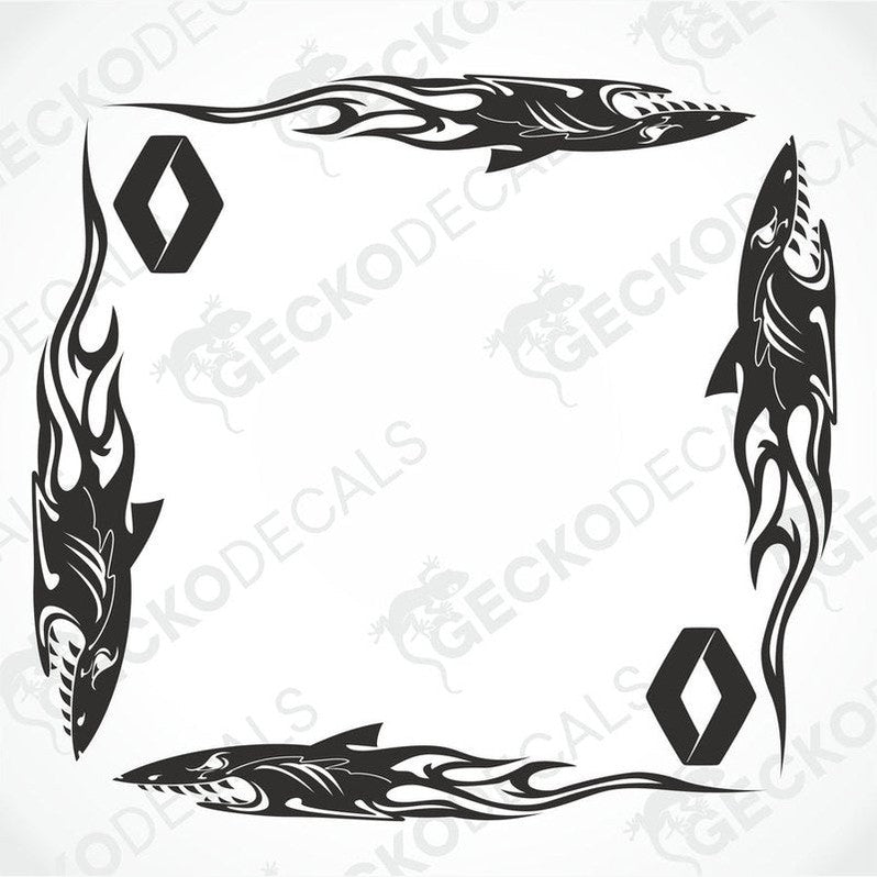 A set of black tribal shark decals designed for placement on the side windows of a vehicle.