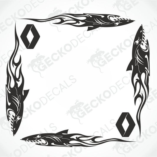 A set of black tribal shark decals designed for placement on the side windows of a vehicle.