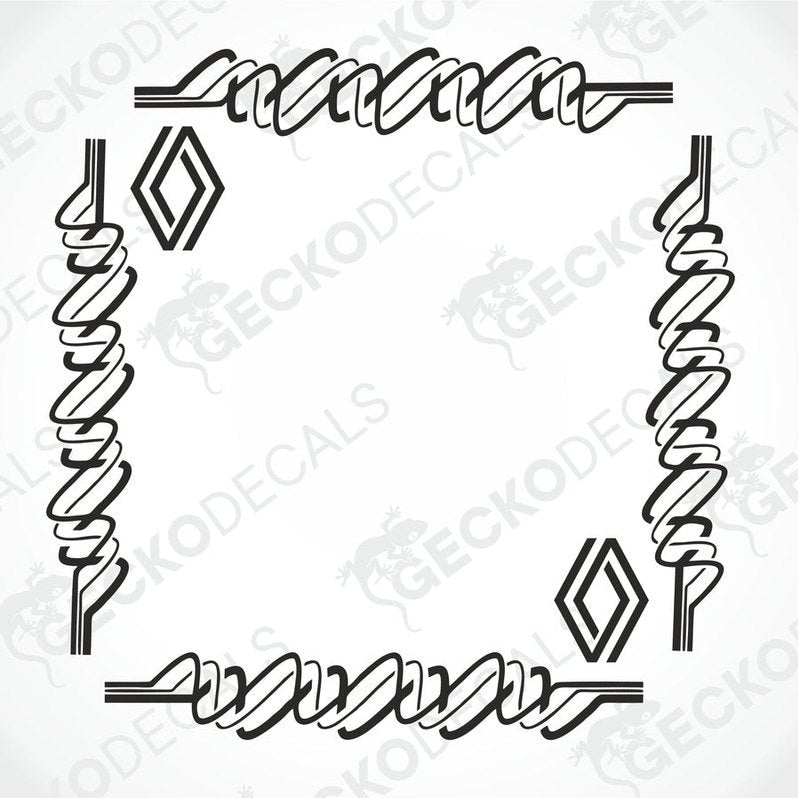 A set of two black and white tribal patterned decals for Renault side window branding.