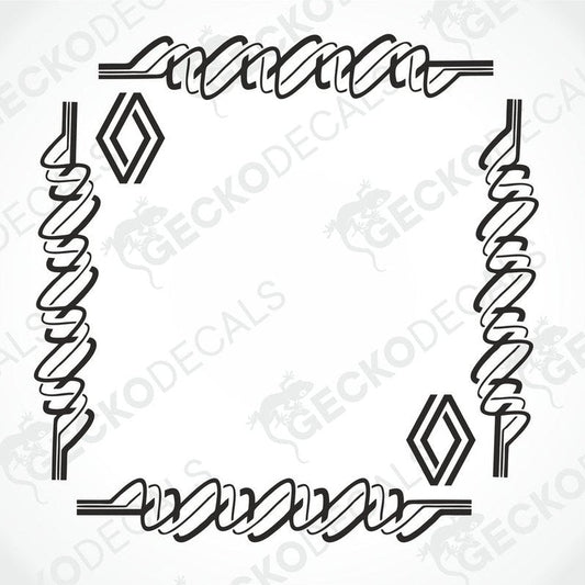 A set of two black and white tribal patterned decals for Renault side window branding.