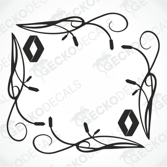 A set of two black side window decals with a floral design, intended for use on a RENAULT vehicle.
