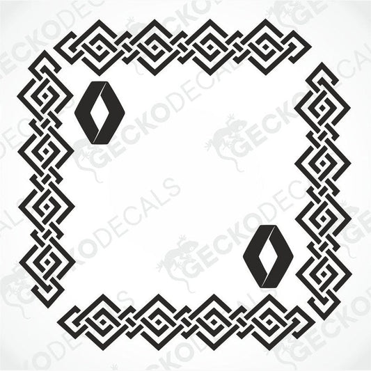 A die cut sticker with a geometric pattern, featuring the Renault logo, designed for use as a side window decal.
