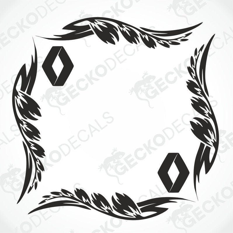 A black and white design of a side window decal with leaf patterns and the Renault logo.