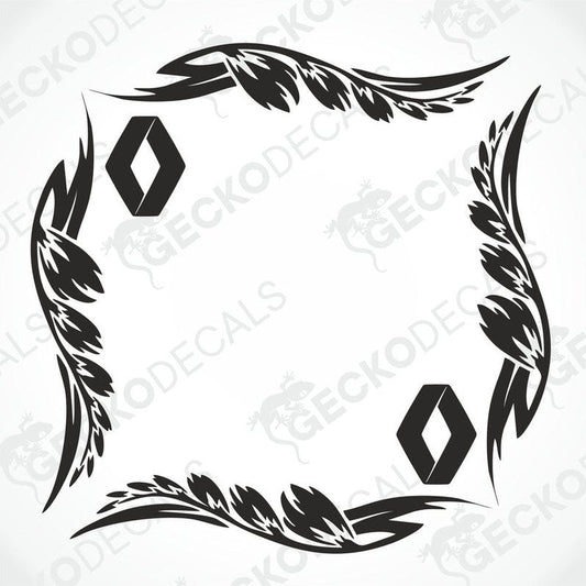 A black and white design of a side window decal with leaf patterns and the Renault logo.