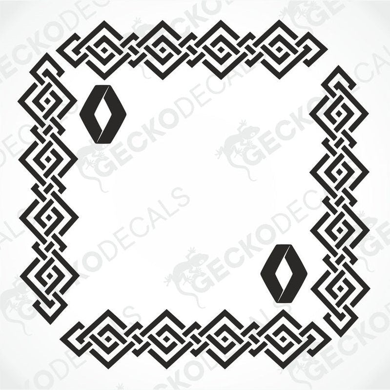 A black and white geometric patterned decal for Renault side window, displayed on a white background.