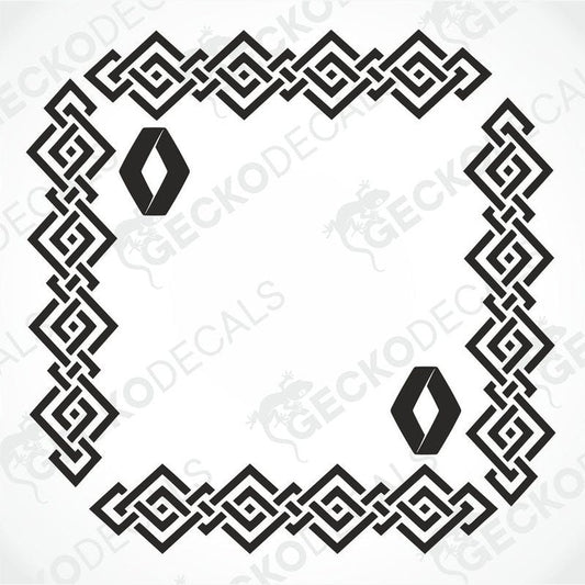 A black and white geometric patterned decal for Renault side window, displayed on a white background.
