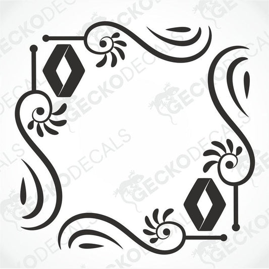 A black and white image of a die cut sticker with a decorative swirl pattern designed for use as a side window decal for vehicles.