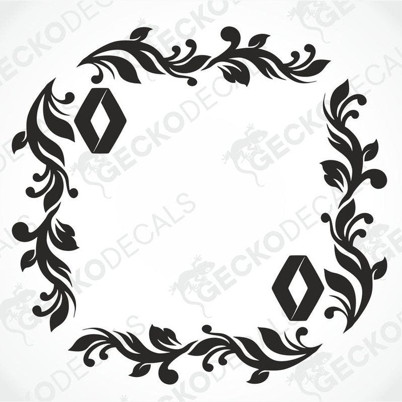 A die cut black decal with a floral pattern and the Renault logo, designed for use on side windows of a vehicle.