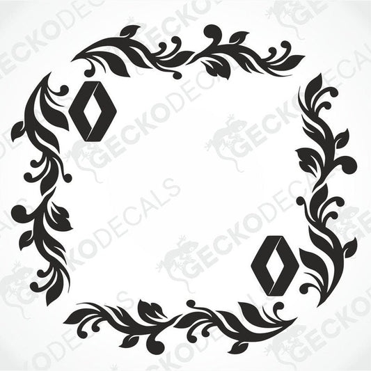 A die cut black decal with a floral pattern and the Renault logo, designed for use on side windows of a vehicle.