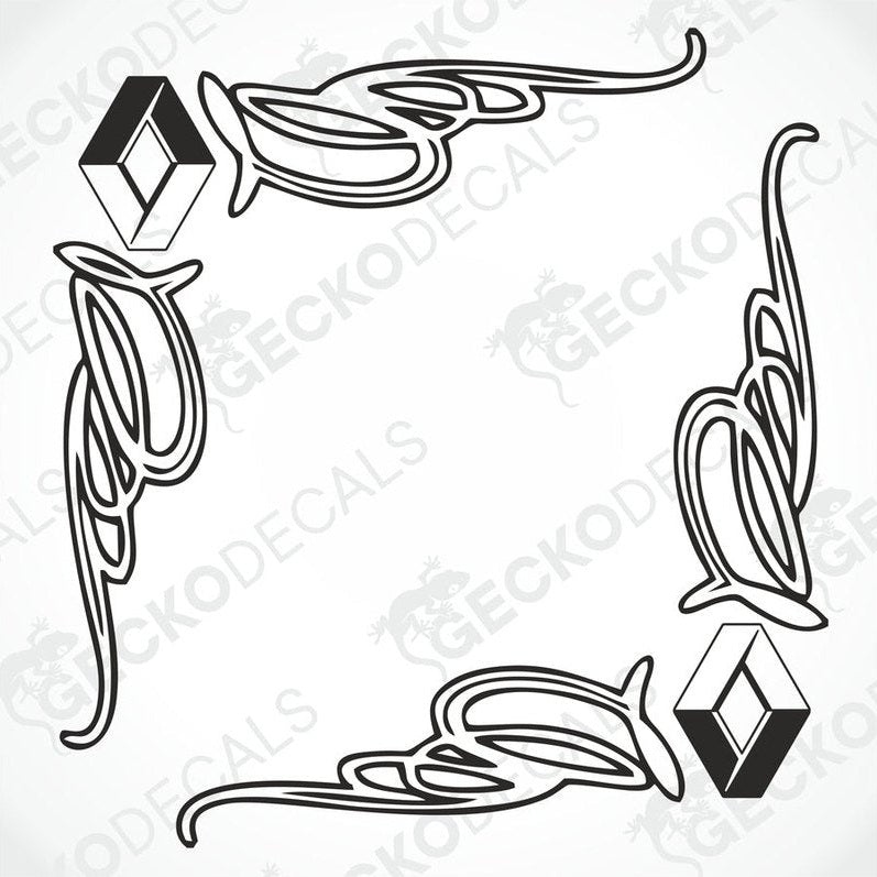 A set of two black and white side window decals for a Renault vehicle, featuring decorative swirls and the Renault logo.