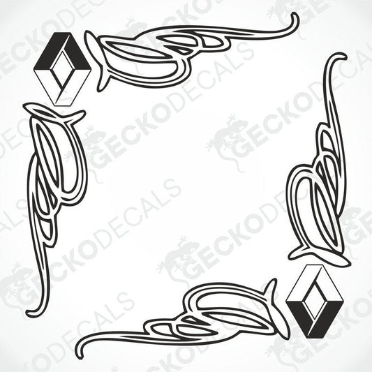 A set of two black and white side window decals for a Renault vehicle, featuring decorative swirls and the Renault logo.