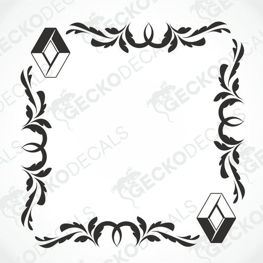 A black and white design of a side window decal with ornamental border and a diamond-shaped center.