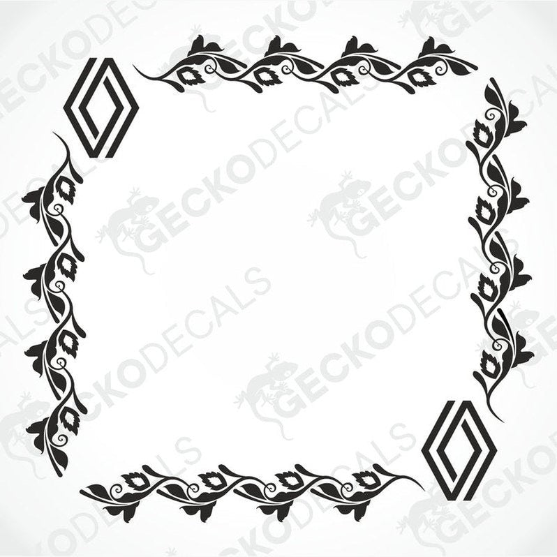 A black and white image of a die cut decal with a floral pattern designed for use on Renault truck side windows.