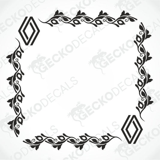 A black and white image of a die cut decal with a floral pattern designed for use on Renault truck side windows.